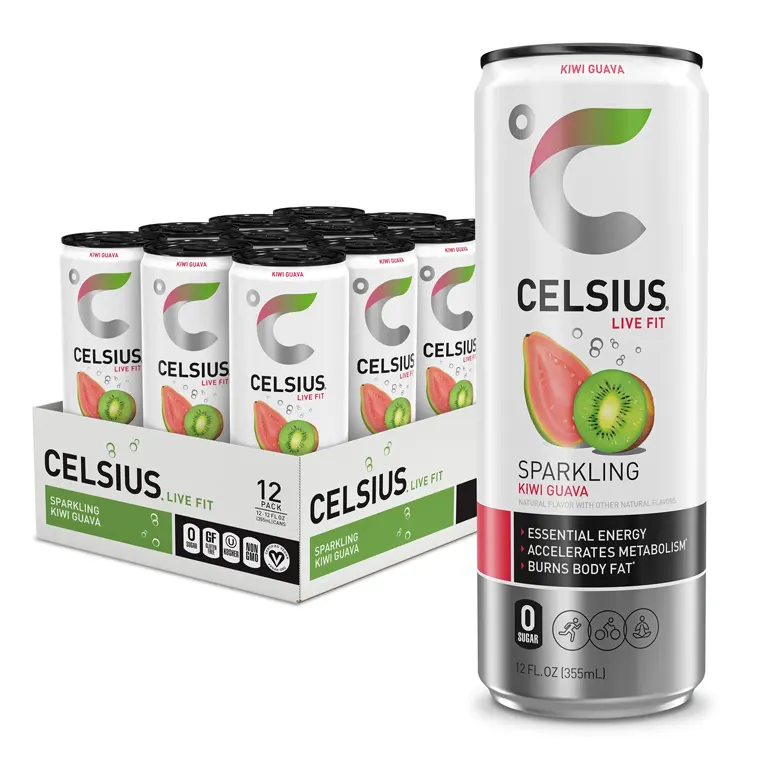 Product image of CELSIUS Sparkling Kiwi Guava - 12 oz 12 pk packaging and bottles/cans for online ordering and delivery.